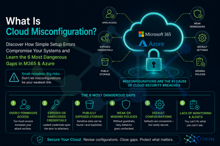 what is cloud misconfiguration? A professional isometric infographic with a predominant royal blue and bright lime green color palette. The graphic illustrates six key cloud misconfiguration risks: IAM/RBAC Gaps, Open Ports, Data Discovery failures, MFA Disabled, Logging Failure, and Insecure Defaults. A central arrow labeled "MISCONFIGURATION BREACH PATH" shows these gaps compromising an M365 environment and flowing to an "Azure Environment" with red "COMPROMISED SYSTEMS" text. Lower arrows point towards an "AI Readiness Assessment" and "Data Governance Review" as solutions.