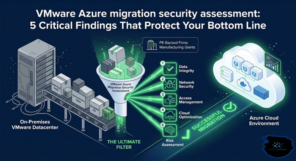 VMware Azure migration: A sleek, professional infographic demonstrating a cloud migration workflow. On the left, an on-premises VMware datacenter feeds boxes labeled Technical Debt, Unnecessary Apps, and Outdated OS onto a conveyor belt. The boxes pass through a central funnel labeled VMware Azure Migration Security Assessment, which acts as "The Ultimate Filter." Green light beams project 5 key findings—Data Integrity, Network Security, Access Management, Cloud Optimization, and Risk Assessment—leading to a secure Azure Cloud Environment on the right under a "Successful Migration" checkmark.