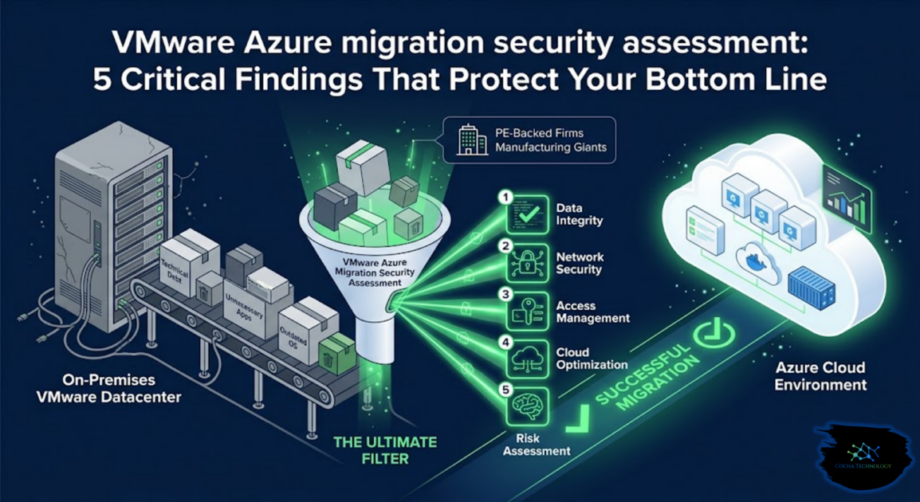 VMware Azure migration: A sleek, professional infographic demonstrating a cloud migration workflow. On the left, an on-premises VMware datacenter feeds boxes labeled Technical Debt, Unnecessary Apps, and Outdated OS onto a conveyor belt. The boxes pass through a central funnel labeled VMware Azure Migration Security Assessment, which acts as "The Ultimate Filter." Green light beams project 5 key findings—Data Integrity, Network Security, Access Management, Cloud Optimization, and Risk Assessment—leading to a secure Azure Cloud Environment on the right under a "Successful Migration" checkmark.