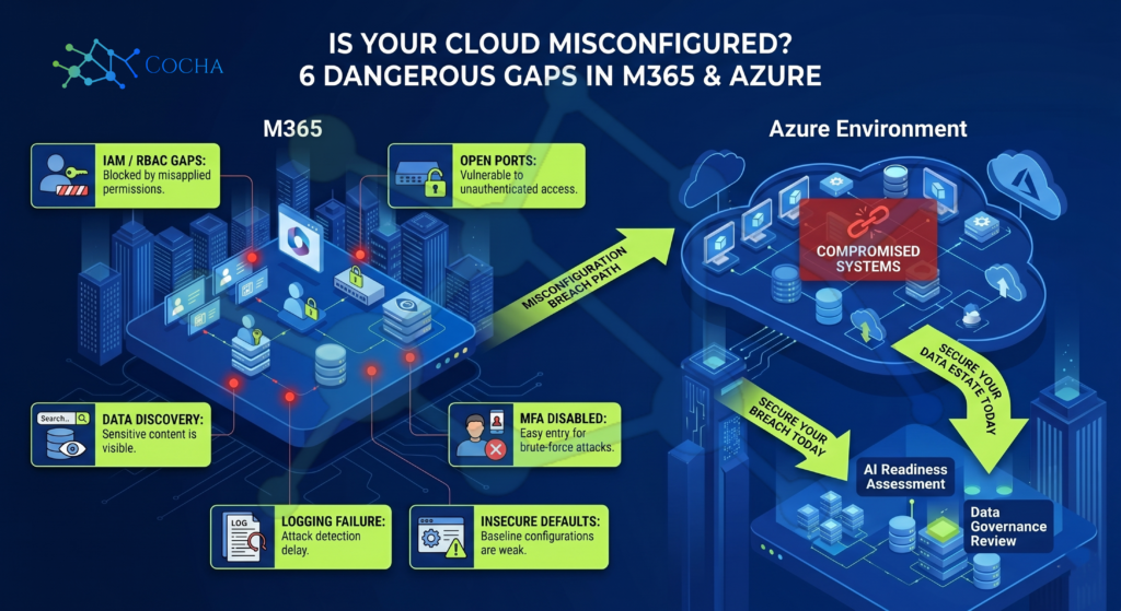 misconfigured storage: Cocha Technology infographic illustrating 6 dangerous cloud misconfiguration gaps in M365 and Azure, showing the breach path from identity and logging failures to compromised enterprise systems.