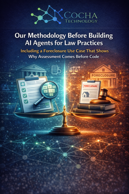 Law Firm Agent Deployment: A professional legal technology graphic for Cocha Technology titled "Our Methodology Before Building AI Agents for Law Practices." The image features a golden scale: the left side holds a quality audit checklist under a blue light, while the right side holds law books, a gavel, and a foreclosure document under an orange glow. A digital network background connects the two.