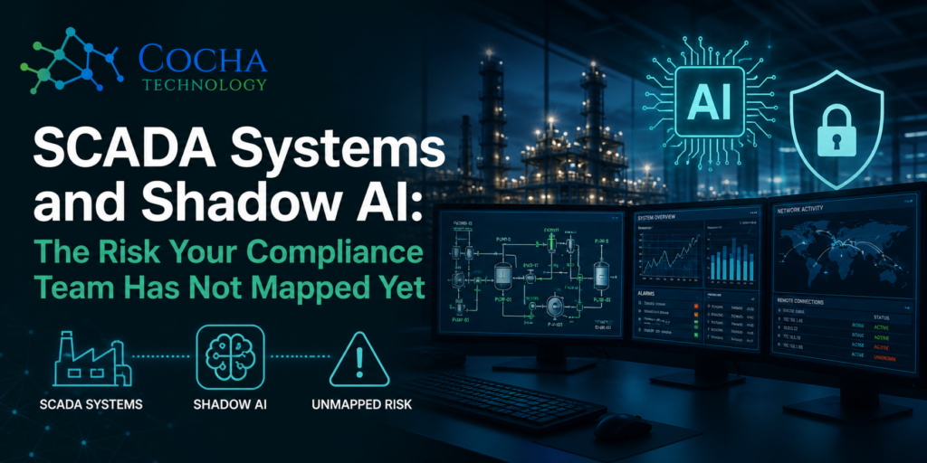 A professional digital banner showing a dark industrial control room with three computer monitors displaying SCADA system diagrams and network activity. The Cocha Technology logo is in the top left, with a glowing blue AI icon and shield icon on the right.