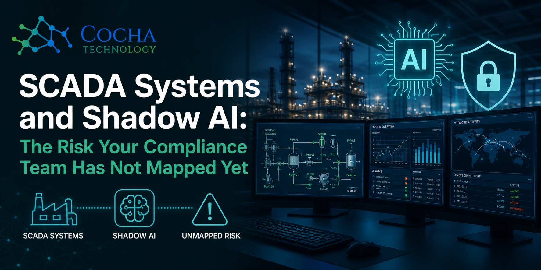 A professional digital banner showing a dark industrial control room with three computer monitors displaying SCADA system diagrams and network activity. The Cocha Technology logo is in the top left, with a glowing blue AI icon and shield icon on the right.