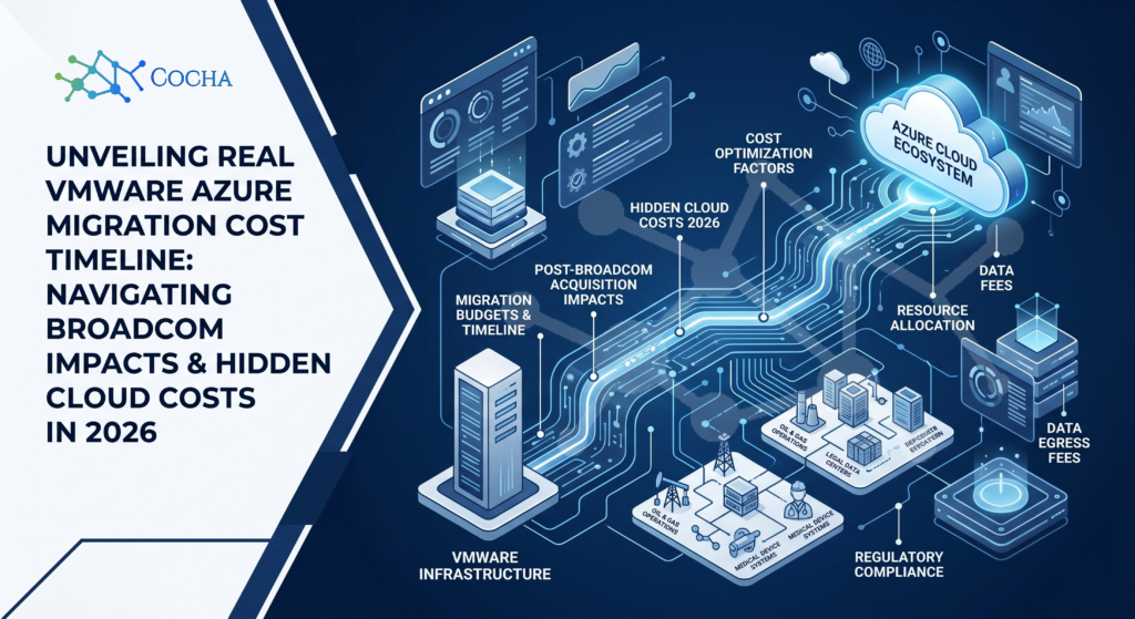 VMware Azure migration: A sleek navy blue and white isometric infographic for Cocha Technology. A data-lit pathway connects a "VMware Infrastructure" server tower to a glowing "Azure Cloud Ecosystem." The graphic features callouts for migration budgets, post-Broadcom acquisition impacts, hidden cloud costs, and industry-specific sectors including Oil & Gas, Medical Device Systems, and Legal Data Centers.