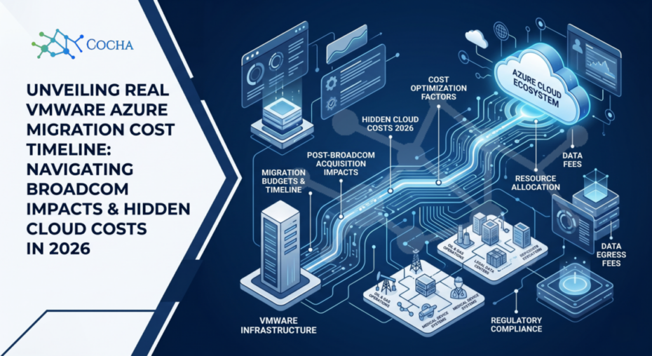 VMware Azure migration: A sleek navy blue and white isometric infographic for Cocha Technology. A data-lit pathway connects a "VMware Infrastructure" server tower to a glowing "Azure Cloud Ecosystem." The graphic features callouts for migration budgets, post-Broadcom acquisition impacts, hidden cloud costs, and industry-specific sectors including Oil & Gas, Medical Device Systems, and Legal Data Centers.