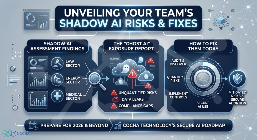 shadow AI assessment: A professional isometric infographic in navy blue, gray, and white for Cocha Technology. The graphic is divided into three main sections: "Shadow AI Assessment Findings" for Law, Energy, and Medical sectors; a central "Ghost AI Exposure Report" highlighting unquantified risks and data leaks; and a "How to Fix Them Today" section detailing audit, discovery, and control implementation.