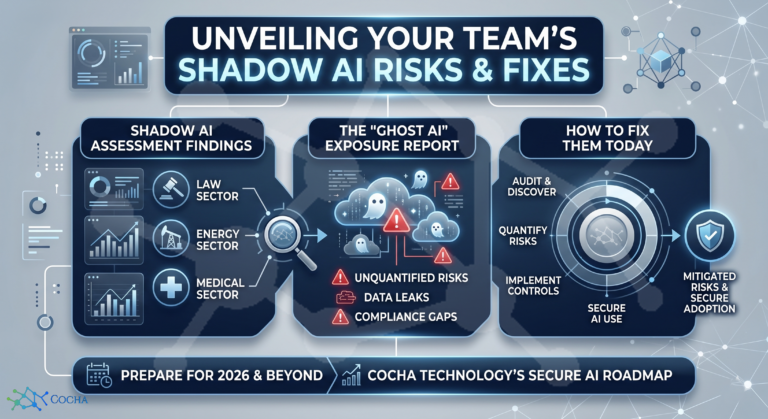 shadow AI assessment: A professional isometric infographic in navy blue, gray, and white for Cocha Technology. The graphic is divided into three main sections: "Shadow AI Assessment Findings" for Law, Energy, and Medical sectors; a central "Ghost AI Exposure Report" highlighting unquantified risks and data leaks; and a "How to Fix Them Today" section detailing audit, discovery, and control implementation.