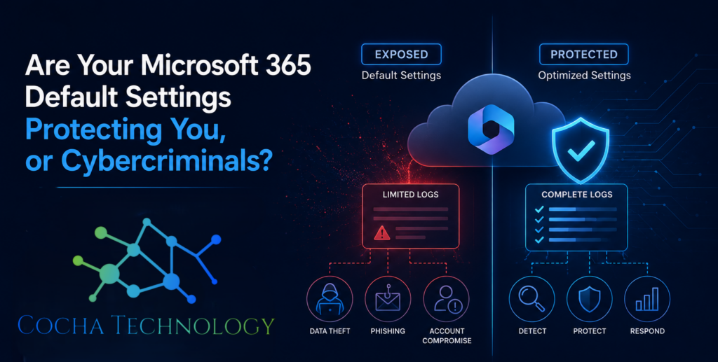 A cybersecurity infographic banner on a dark blue background. On the left, large text reads, "Are Your Microsoft 365 Default Settings Protecting You, or Cybercriminals?" above a green and blue node network logo for Cocha Technology. The right side features a vertical comparison split down the center. A central cloud icon houses the Microsoft 365 logo. The left "EXPOSED" side shows red neon accents highlighting "Default Settings" and a "LIMITED LOGS" card branching down to icons for Data Theft, Phishing, and Account Compromise. The right "PROTECTED" side features blue neon accents highlighting "Optimized Settings" and a "COMPLETE LOGS" card with checkmarks branching down to a shield graphic and icons for Detect, Protect, and Respond.