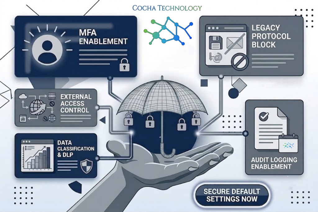 Microsoft 365 default settings: A cybersecurity infographic detailing tenant security modifications on a light background with abstract shapes. At the top center, the green and blue node network logo for Cocha Technology is displayed below their name. In the center, an illustrated open gray hand holds a wireframe umbrella sheltering a blue sphere adorned with small padlocks. Thin lines branch out from the centerpiece to five distinct navy and gray strategy cards: "MFA ENABLEMENT" with a user icon, "EXTERNAL ACCESS CONTROL" mapping a network path, "DATA CLASSIFICATION & DLP" featuring a data chart and shield, "LEGACY PROTOCOL BLOCK" showing a prohibited floppy disk and mail icon, and "AUDIT LOGGING ENABLEMENT" displaying a checklist and a small weekend calendar logo. A blue pill-shaped button at the bottom reads "SECURE DEFAULT SETTINGS NOW".