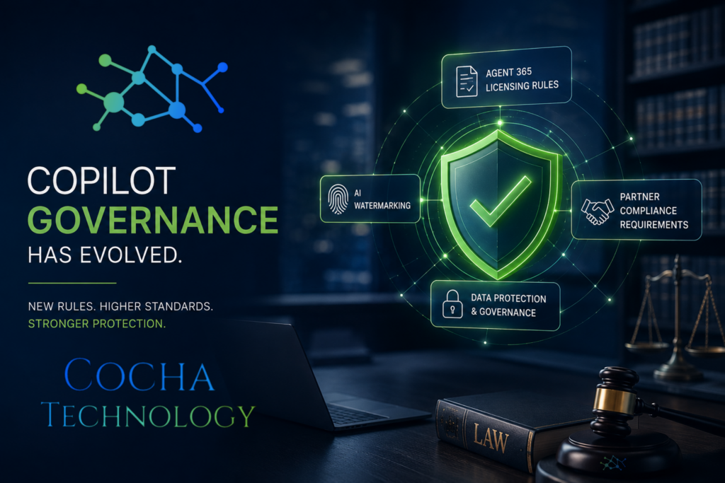 Microsoft Copilot governance dashboard highlighting Agent 365 licensing, AI watermarking, partner compliance requirements, and data protection for modern law firms.