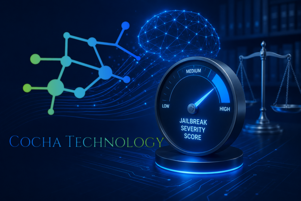 AI Vendor Risk Assessment for Law Firms: Understanding the AI Jailbreak Severity Score. Digital illustration showing an AI jailbreak severity score gauge with a legal scale and neural network background, representing AI vendor risk assessment and AI governance for law firms.
