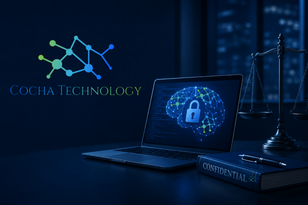 AI confidentiality risk illustrated by a secure laptop displaying an AI security interface beside confidential legal documents and the scales of justice, representing data protection challenges for law firms using AI tools.