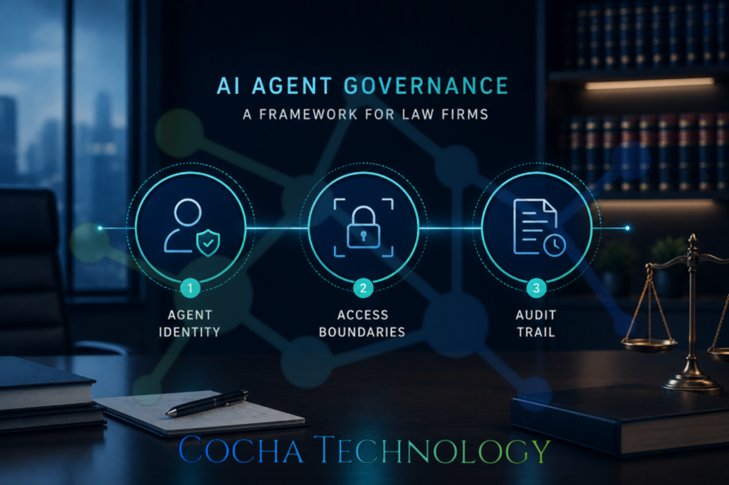 AI agent governance for law firms illustrated with a three-part governance framework showing agent identity, access boundaries, and audit trail within a modern legal office environment.