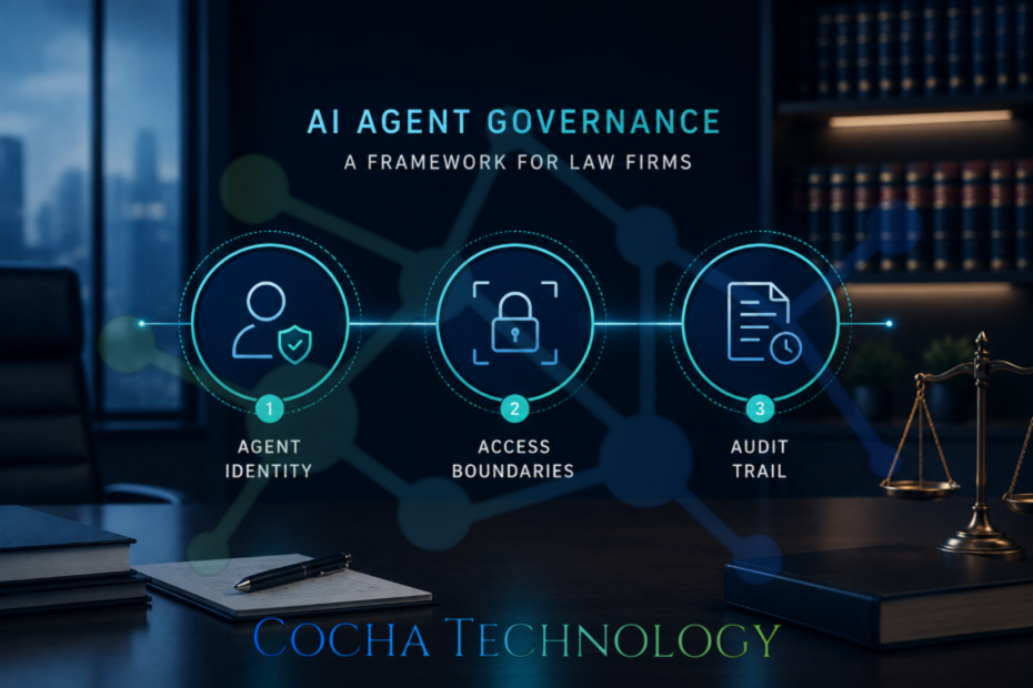 AI agent governance for law firms illustrated with a three-part governance framework showing agent identity, access boundaries, and audit trail within a modern legal office environment.