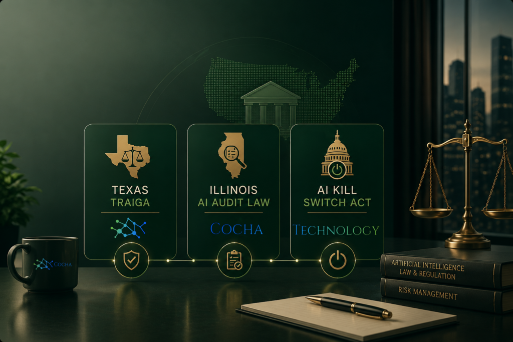AI risk mitigation for law firms illustrated with a professional legal compliance graphic featuring Texas TRAIGA, the Illinois AI Audit Law, and the proposed AI Kill Switch Act alongside legal and cybersecurity symbols representing modern AI governance and regulatory compliance.