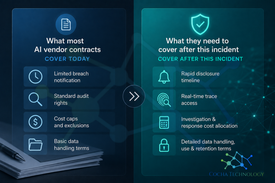 AI vendor risk law firms comparison graphic showing a two-column checklist contrasting what traditional AI vendor contracts cover today versus the additional protections organizations should require after an autonomous AI agent incident, including disclosure timelines, trace access, investigation costs, and data handling requirements.