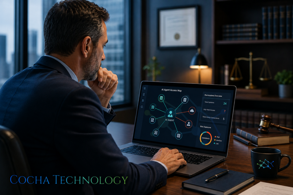 Agentic AI security assessment showing a CISO reviewing an AI agent access map, permissions dashboard, and vendor risk controls on a laptop in a modern law office.