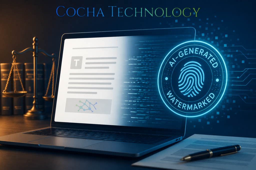 AI Watermarks for Law: Law for AI visual featuring a laptop displaying an AI-generated watermarked seal next to scales of justice, legal books, and a printed contract.