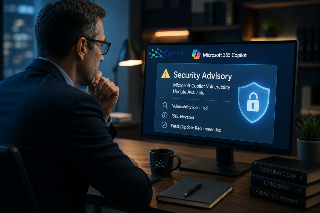 Copilot security advisory alert displayed on an office computer monitor as an attorney in a suit reviews an elevated risk update by Cocha Technology.