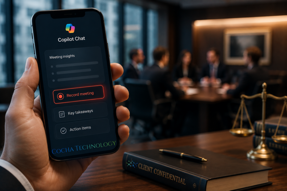 Copilot meeting recording interface shown on a smartphone in a law firm boardroom next to a client confidential binder and the scales of justice by Cocha Technology.