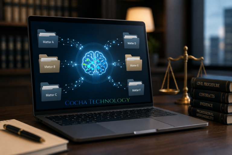 AI memory governance concept showing a laptop screen with a glowing digital brain connected via data nodes to individual legal client matter folders by Cocha Technology.