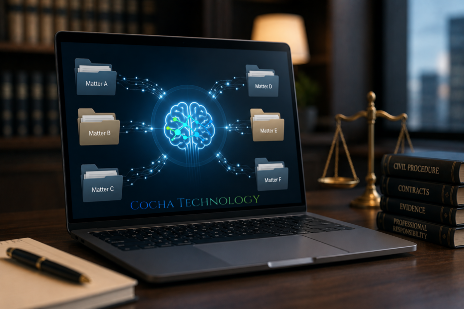 AI memory governance concept showing a laptop screen with a glowing digital brain connected via data nodes to individual legal client matter folders by Cocha Technology.