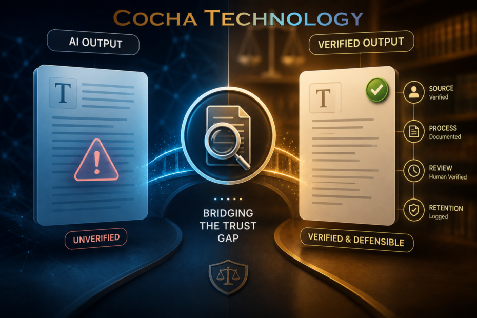 AI risk mitigation law firm infographic comparing unverified AI output to verified and defensible legal documents bridged by human review and documentation by Cocha Technology.