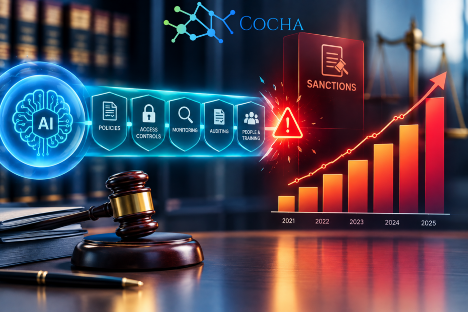 AI risk mitigation for law firms graphic showing AI governance controls confronting rising court sanctions and an increasing violation trend from 2021 to 2025 alongside a judge gavel.