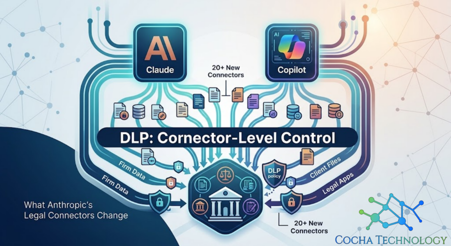 DLP for Claude and Copilot architecture graphic showing connector-level control governing data flows between AI assistants and law firm data repositories.