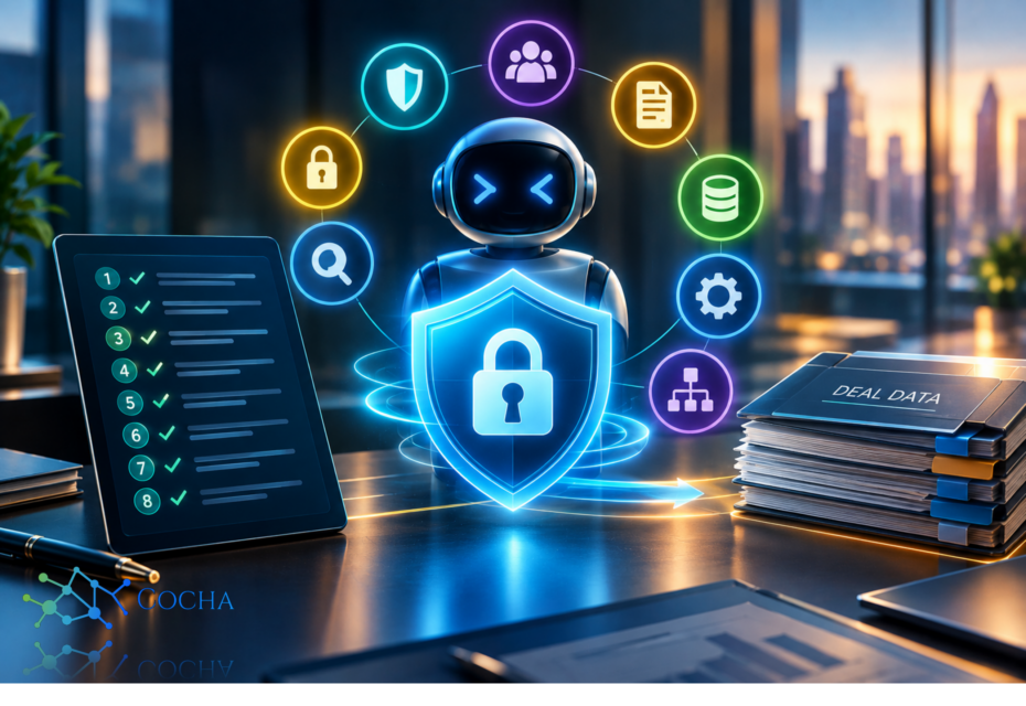 Governance controls visualization showing an AI robot assistant protected by a padlock security shield and compliance checklist alongside confidential deal data binders.
