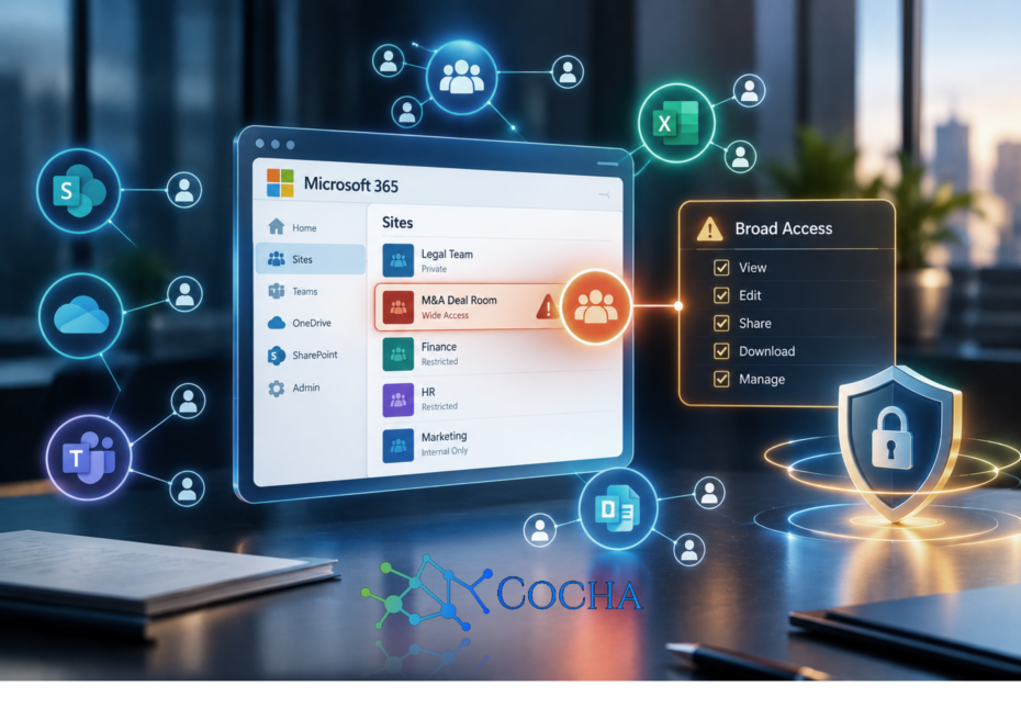 AI risk mitigation for law firms graphic showing Microsoft 365 SharePoint sites with an overexposed M&A Deal Room flagged for broad access alongside a security padlock shield.
