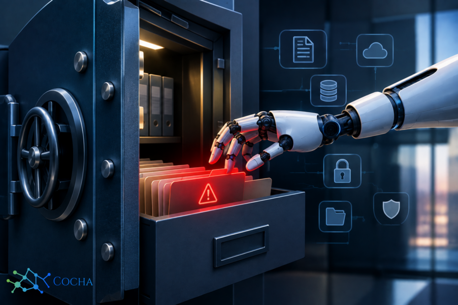 AI Agent Security Risks conceptual graphic showing a robotic hand reaching into an open bank vault drawer toward a red warning file folder among corporate data icons.