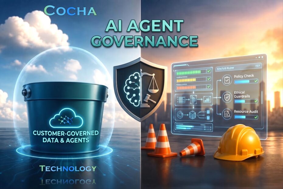 AI agent cloud governance graphic illustrating customer-governed cloud data buckets alongside a transparent policy check, ethical guardrails, and resource audit status screen.
