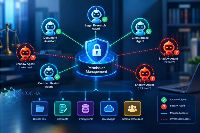 Permission management solution diagram showing a central security shield routing approved AI agents to corporate files while blocking unmanaged shadow agents.