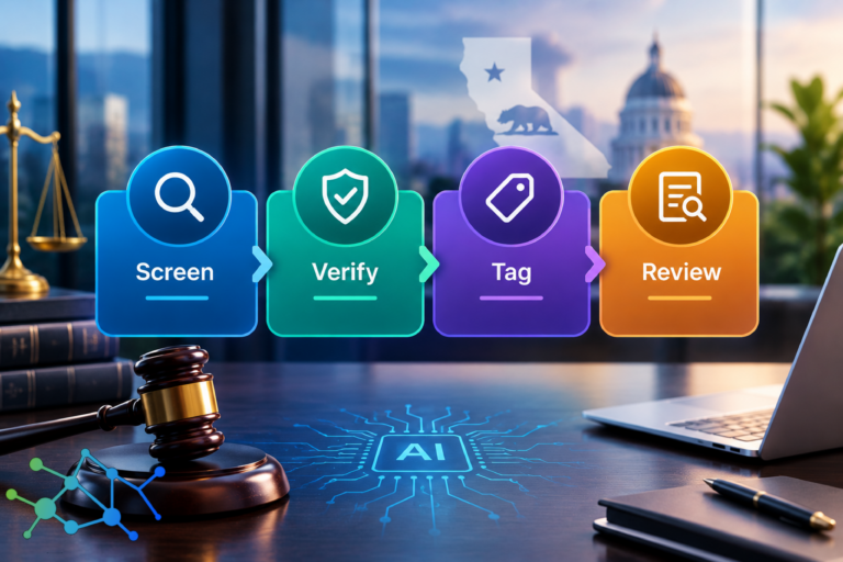 AI compliance readiness workflow showing four sequential stages—Screen, Verify, Tag, and Review—against a legal desk with a gavel, AI processor, and the California state flag silhouette.