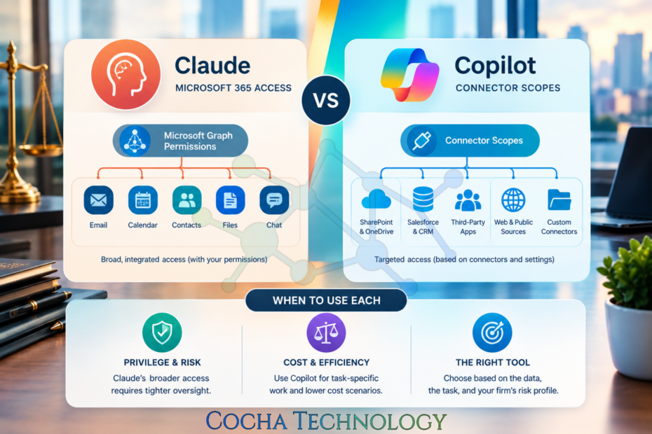 Claude vs Copilot data access comparison infographic outlining Microsoft 365 Graph permissions, connector scopes, and decision criteria for law firms.