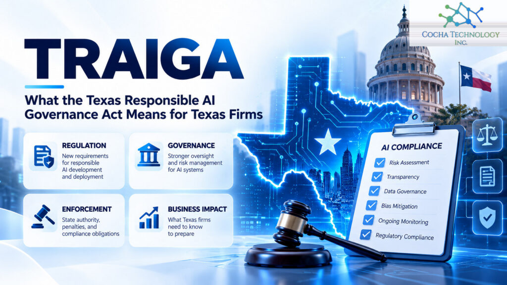 TRAIGA Texas AI governance act infographic with state outline, compliance checklist, and Texas Capitol