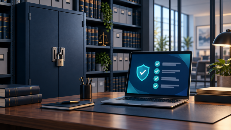 Law firm file room with a locked cabinet and a laptop showing a checklist of security steps
