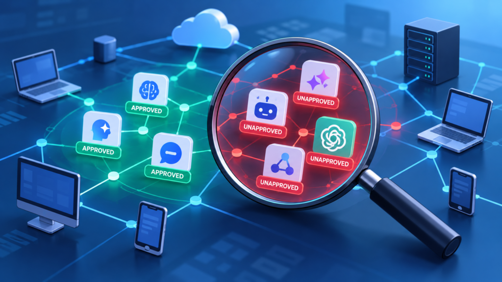 How to detect shadow AI: magnifying glass highlighting unapproved AI apps on a network dashboard