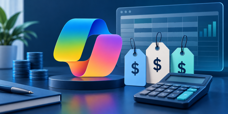 Price tags beside a Microsoft 365 Copilot icon and a calculator