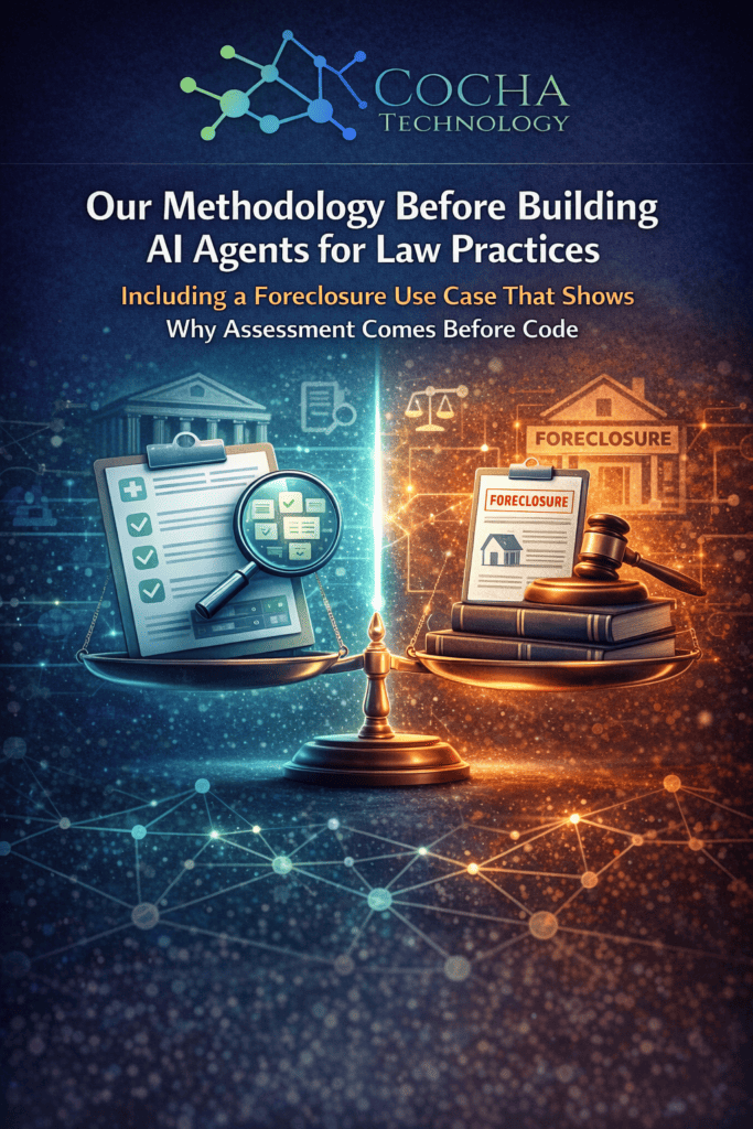 Law Firm Agent Deployment: A professional legal technology graphic for Cocha Technology titled "Our Methodology Before Building AI Agents for Law Practices." The image features a golden scale: the left side holds a quality audit checklist under a blue light, while the right side holds law books, a gavel, and a foreclosure document under an orange glow. A digital network background connects the two.