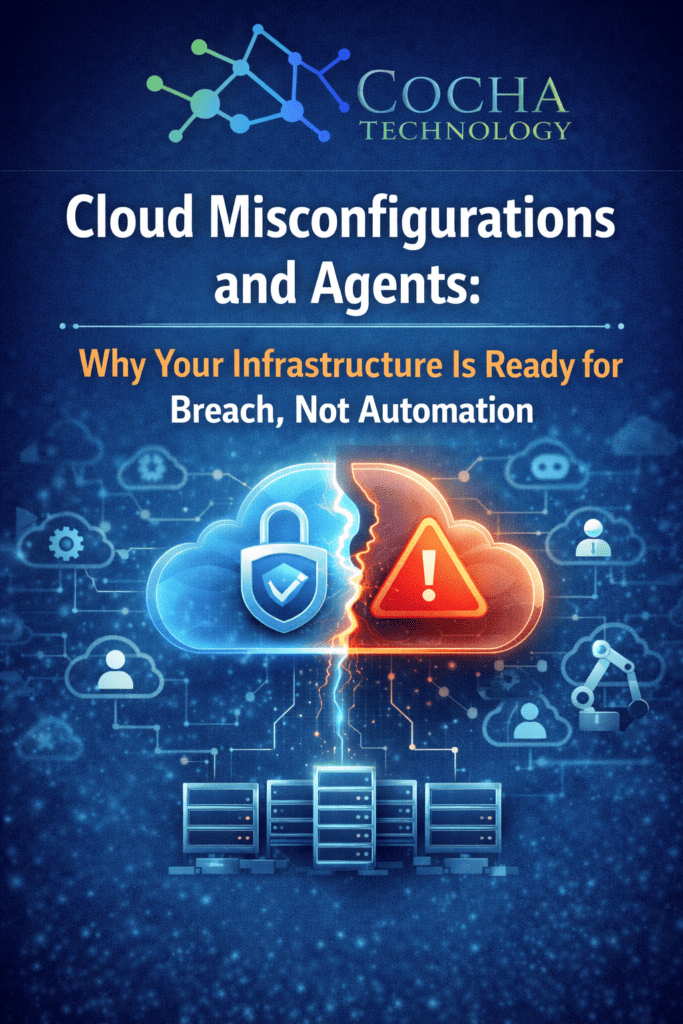 Cloud Misconfiguration: A dramatic digital illustration for Cocha Technology titled "Cloud Misconfigurations and Agents." The graphic shows a cloud split in two by a lightning bolt: one half is blue with a "shield and checkmark" icon (Secure), and the other half is glowing orange with a "warning" icon (Breach Risk). Below the cloud, a series of server racks are connected by a glowing data network.