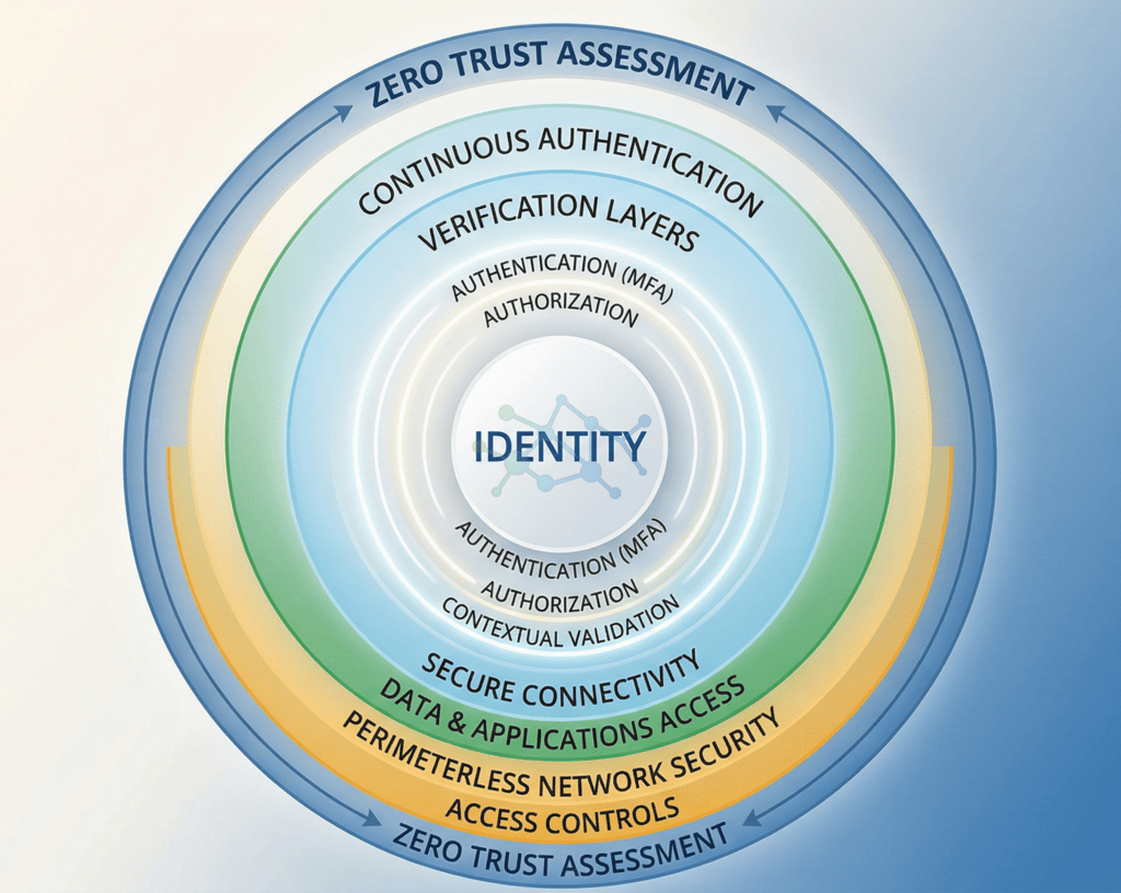 Concentric diagram of Cocha Technology Zero Trust Snapshot: identity core through verification layers, secure connectivity, and access controls