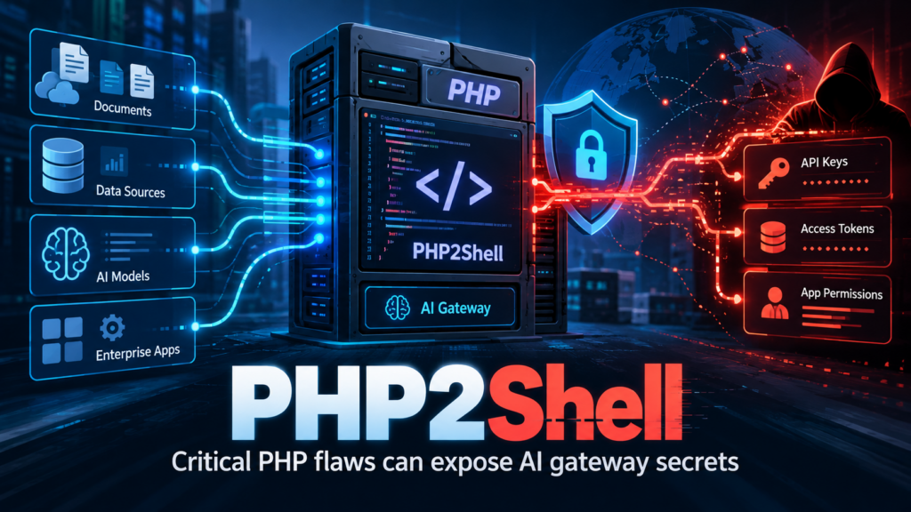 PHP2Shell vulnerability illustration showing a PHP-based AI gateway connected to enterprise data, with exposed API keys, access tokens and app permissions.
