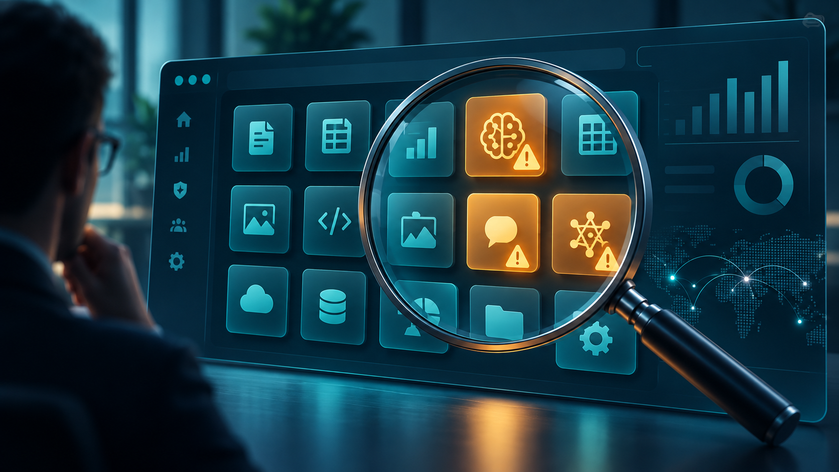 Magnifying glass over a dashboard of app tiles with a few unapproved AI tools highlighted